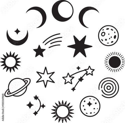 Black and White Star Moon Sun Astronomy Icons