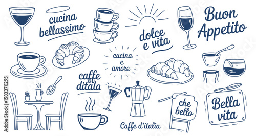 Whimsical Italian lifestyle illustration set with coffee cups, wine glasses, croissants, and phrases—capturing warmth and Mediterranean charm