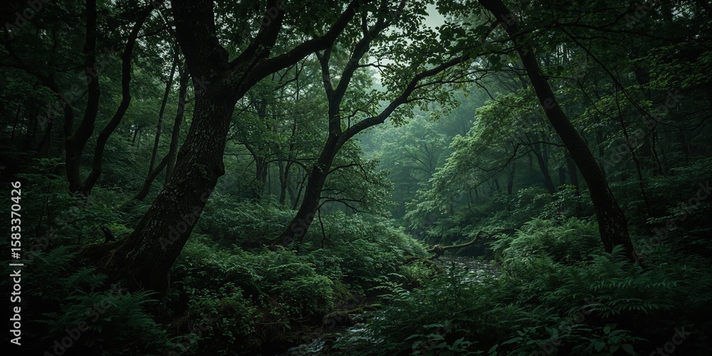 Obraz premium Enchanted deep forest scene with tall curved trees, rich ferns, and dim light, ideal for fantasy backgrounds and nature photography