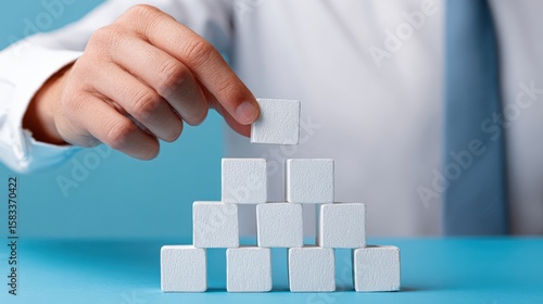 A hand stacking white cubes, symbolizing growth and foundation in a professional environment.