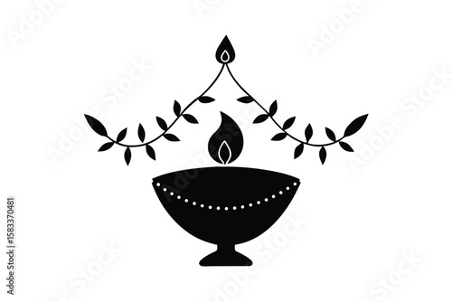 Earthen lamp with garland and leaves rustic illumination vector art illustration
