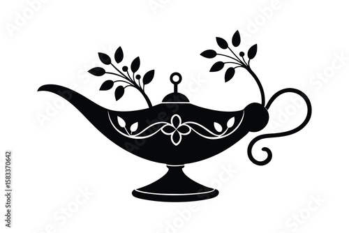 Earthen lamp with whimsical floral border enchanting glow vector art illustration