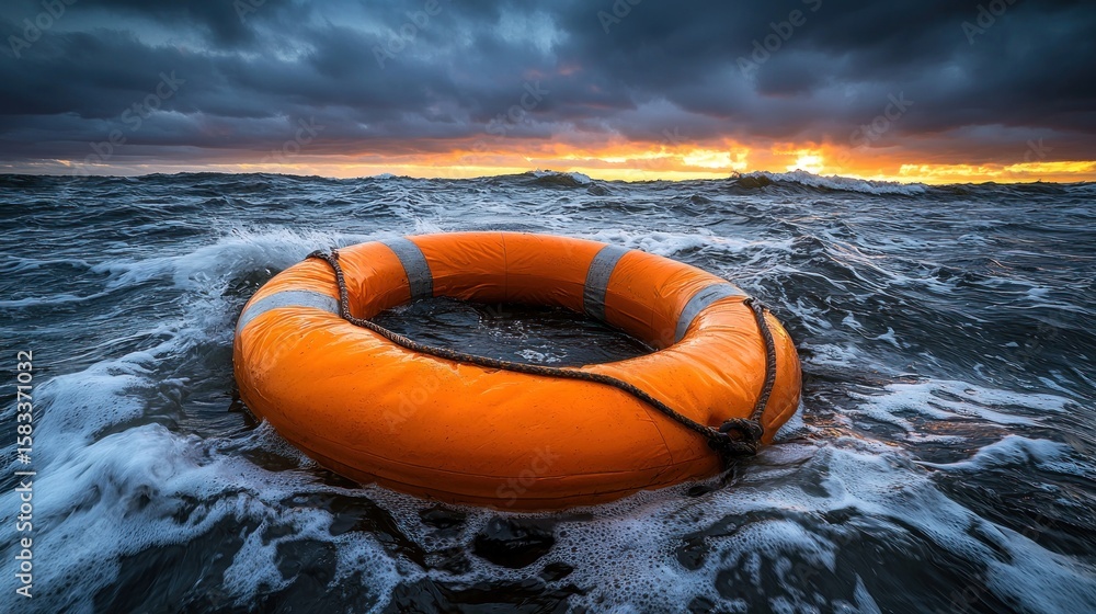 Obraz premium Orange life preserver adrift in stormy seas