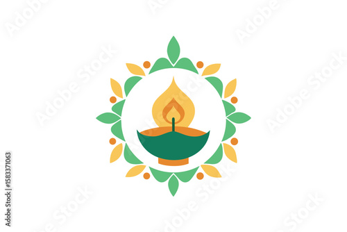 Earthy Diya with intricate garden pattern frame natural beauty vector art illustration
