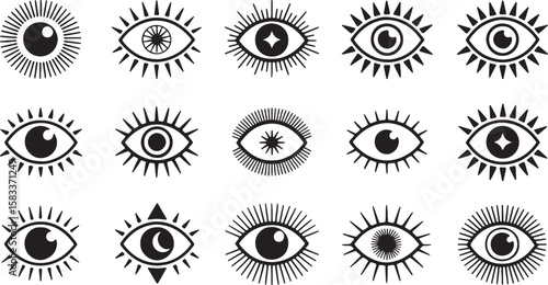 Diverse stylized eyes with radiating lines and geometric pupils graphic black and white