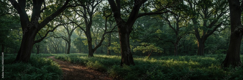 Naklejka premium Untamed forest landscape with winding path and immersive tree coverage, ideal for nature exploration and hiking