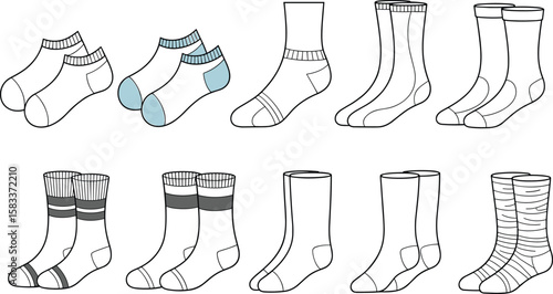 Socks flat cad vector illustration, fashion technical drawing design template, various ankle and crew length styles for apparel development