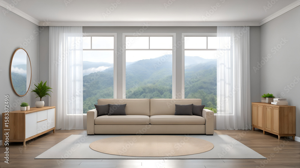 Fototapeta premium Hyperrealistic Interior A Modern Living Room with Scenic Mountain Views, Cozy Furniture and Natural Light, evoking a serene and sophisticated ambiance.