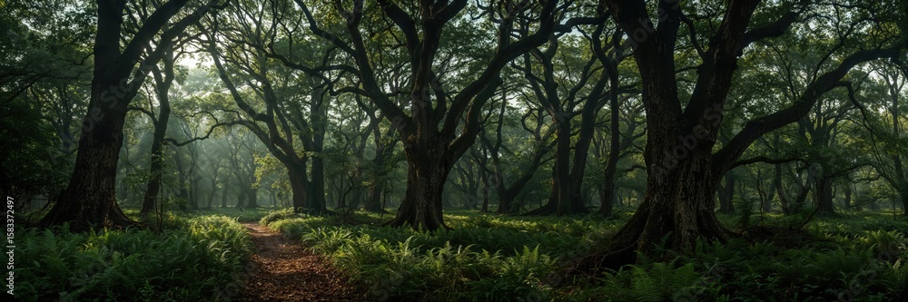 Obraz premium Peaceful forest landscape with narrow dirt path winding through tall trees and lush green foliage in natural woodland