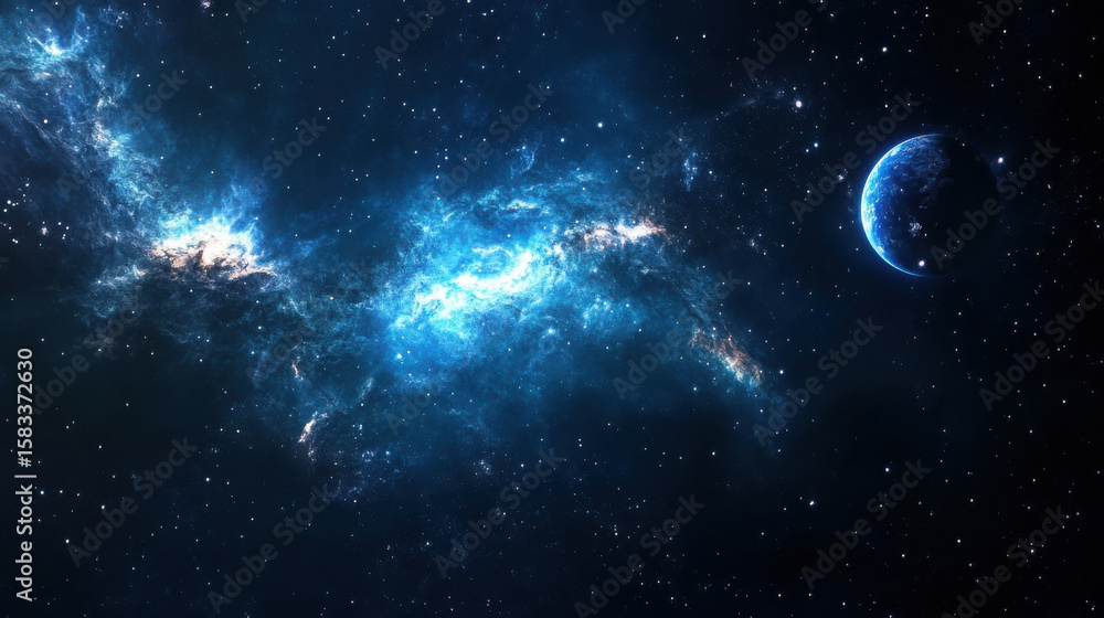 Obraz premium Blue nebula and a distant planet in deep space. Cosmic sky background with shining stars for astronomical and science fiction concepts.