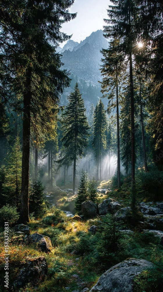 Naklejka premium A serene morning in a lush green coniferous forest with mist and sunlight