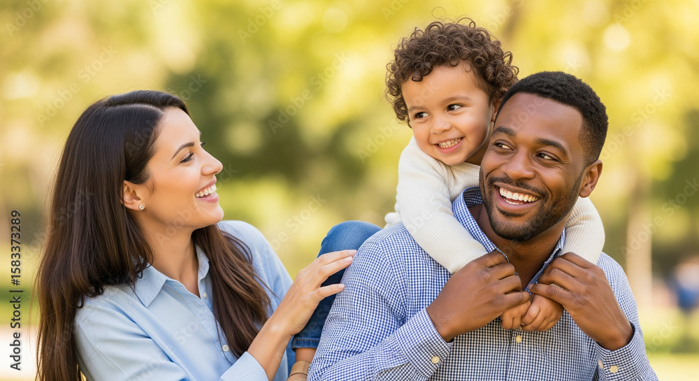 Fototapeta premium Couple giving two young children piggyback rides smiling
