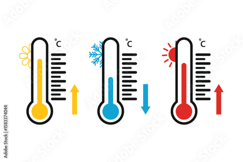 Thermometer temperature up and down icon Red and Blue Color and Yellow .  set of thermometers icon with isolated white background. 
