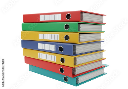Isolated Stack of Colorful Ring Binders with Documents