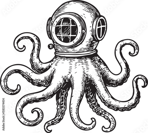 Octopus in diving helmet vintage sketch line art vector 