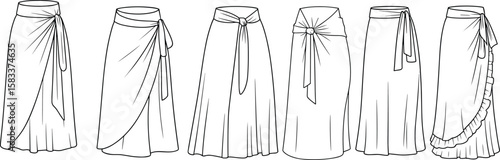 Six women’s wrap skirts fashion flat sketch, tied waistband details, technical CAD vector illustration for clothing design and garment templatesSix women’s wrap skirts fashion flat sketch
