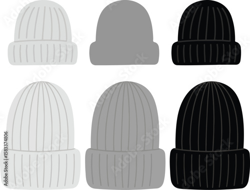 Collection of three ribbed knit beanies in white grey and black colors isolated on transparent background