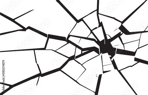 Abstract black and white illustration of a shattered glass surface with sharp jagged lines and fragments isolated on transparent background