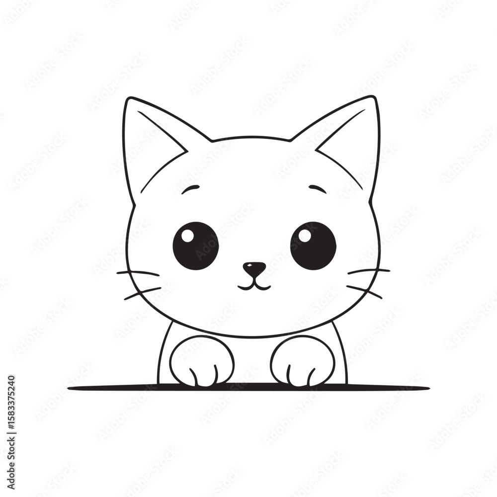 Obraz premium A cute cartoon cat is isolated on white background, featuring big eyes, pink cheeks, and a happy expression