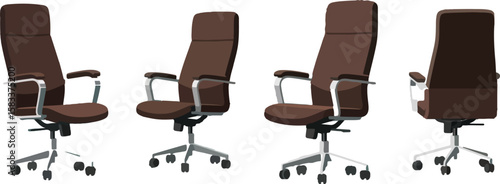 Set of four brown executive office chairs shown from different angles isolated on transparent background