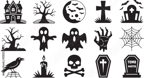 Spooky Halloween icons including haunted house bare trees ghosts bats skull and coffin vector