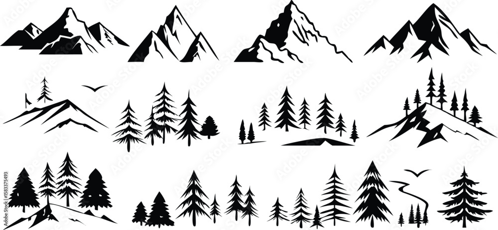 Naklejka premium Mountain and Pine Tree Vector Illustrations Set,Nature Landscape Designs,Mountain Silhouette Vector Design,mountains, and forest landscapes,Mountain icon set vector art,mountains with pine trees,Ai
