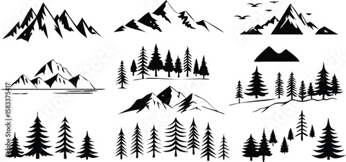 Mountain and Pine Tree Vector Illustrations Set,Nature Landscape Designs,Mountain Silhouette Vector Design,mountains, and forest landscapes,Mountain icon set vector art,mountains with pine trees,Ai