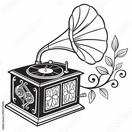 Vector art of an antique gramophone with floral details isolated on white background