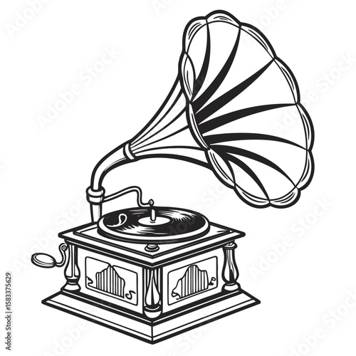 Vector art of a vintage gramophone plays music isolated on white background