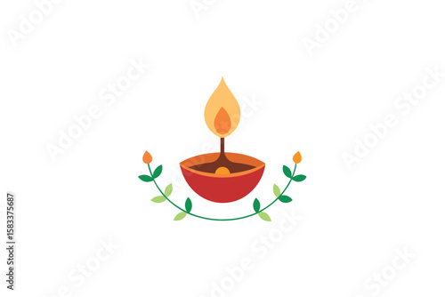 Handcrafted Diya with minimal floral border rustic light vector art illustration
