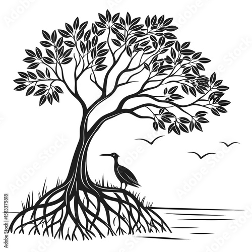 Vector art of mangrove tree with bird silhouette isolated on white background shown