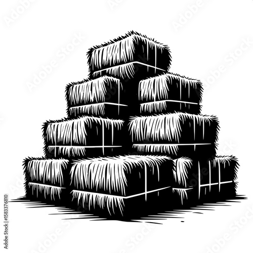 Black and White Vector Silhouette of a Stack of Hay Bales