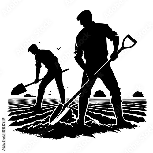 Black and White Vector Silhouette of a Man Shoveling Soil