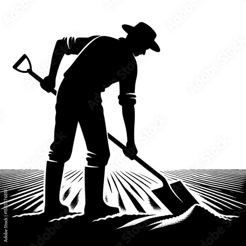 Black and White Vector Silhouette of a Man Shoveling Soil
