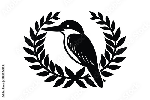 Kingfisher with leafy border motifs vibrant bird vector art illustration