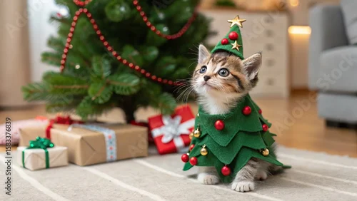 Obraz Cute Kitten in Christmas Tree Costume with Gifts