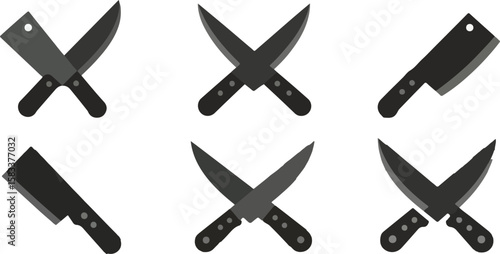 Collection of six flat design kitchen knives and cleavers crossed and isolated on transparent background