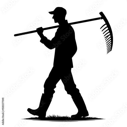Black and White Vector Silhouette of a Man Carrying Farm Tools