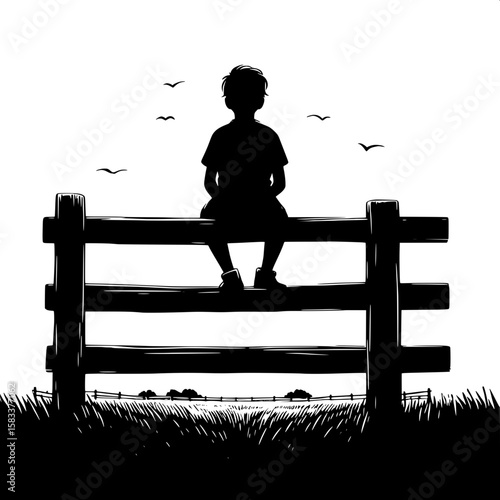 Black and White Vector Silhouette of a Boy Sitting on Fence