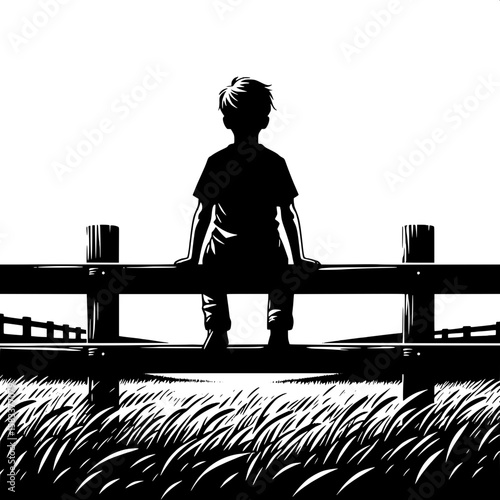 Black and White Vector Silhouette of a Boy Sitting on Fence