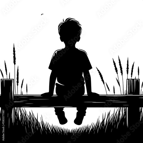 Black and White Vector Silhouette of a Boy Sitting on Fence