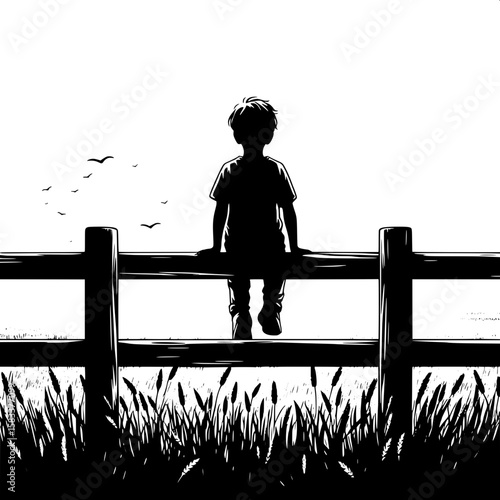 Black and White Vector Silhouette of a Boy Sitting on Fence