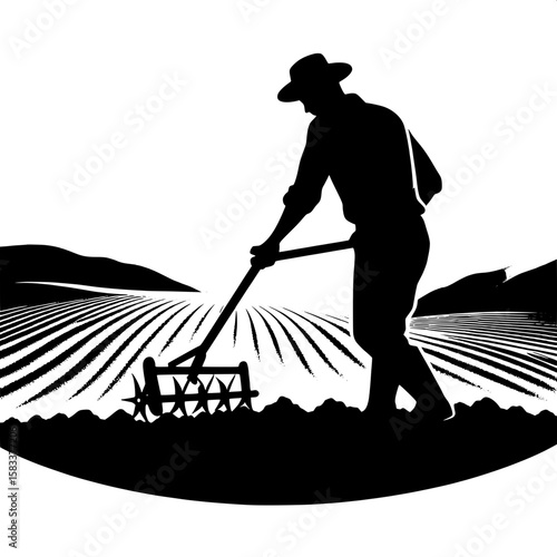 Black and White Vector Silhouette of a Farmer Tilling Soil