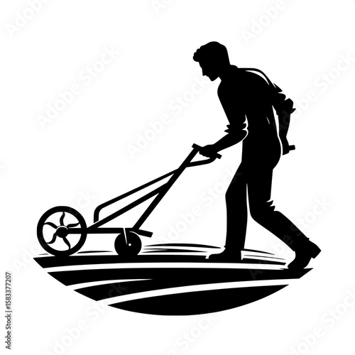 Black and White Vector Silhouette of a Farmer Tilling Soil