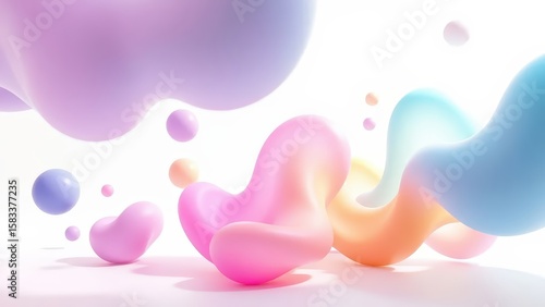 Abstract 3D render of colorful liquid blobs floating in a white space, vibrant gradient colors blending smoothly
