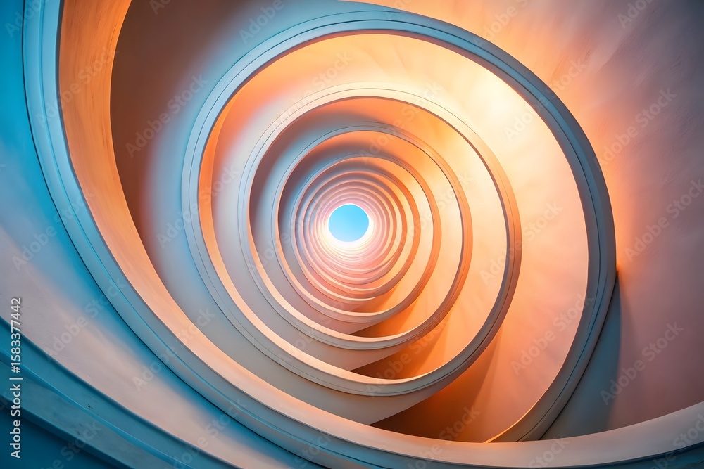 Fototapeta premium A mesmerizing spiral staircase leads the eye towards a bright opening, creating a sense of endless depth