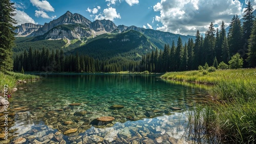 Fototapeta Naklejka Na Ścianę i Meble -  Natural landscape featuring a forest and a lake