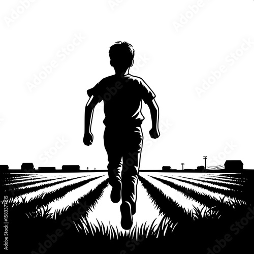 Black and White Vector Silhouette of a Boy Running Across Field