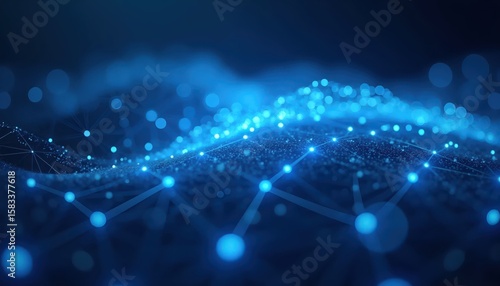 Blue fiber optic lines forming a sweeping arc with glowing data points