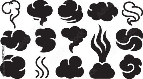 Collection of stylized black smoke and steam cloud icons representing different forms of vapor and gas isolated on transparent background